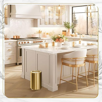 Maxdot 2 Pcs Small Gold Bathroom Trash Can with Flipping Lid and Toilet Brush Set 2.6 Gal/10 L Stainless Steel Garbage Can for Office Living Room Kitchen Bedroom Hotel, Toilet Brush with Holder