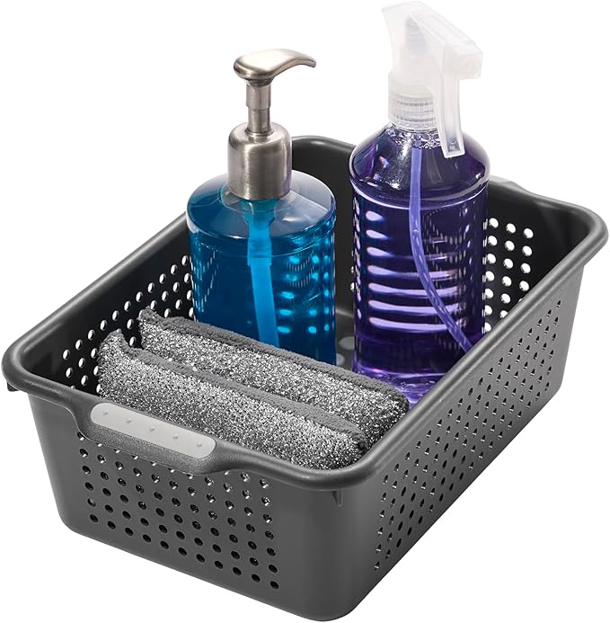 madesmart Small Storage Basket, Multipurpose Organizer with Soft-Grip Handles & Non-Slip Feet, Heavy-Duty Ventilated Design for Laundry, Bath & Kitchen, Carbon, 12 x 8 x 4"