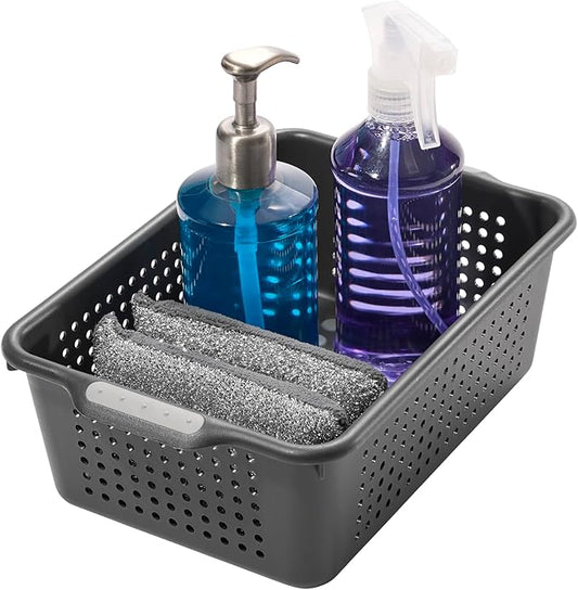 madesmart Small Storage Basket, Multipurpose Organizer with Soft-Grip Handles & Non-Slip Feet, Heavy-Duty Ventilated Design for Laundry, Bath & Kitchen, Carbon, 12 x 8 x 4"