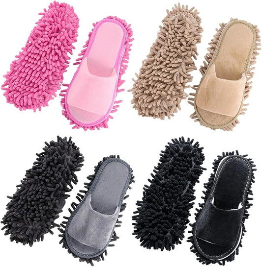 4 Pairs Washable Chenille Mop Slippers - Men & Women Floor Cleaning Slippers, High-Efficiency Dust Removal, 4 Colors Funny Mop Shoes for Living Room, Bedroom, Bathroom, Kitchen