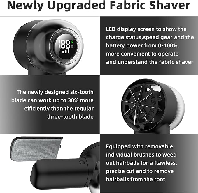 Fabric Shaver Electric Lint Remover Rechargeable Sweater Shaver Dual Protection Removable Bin Easy Remove Fuzz Lint Pills Bobbles (Black) FS001