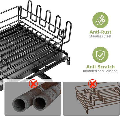 Ekisemio Expandable Dish Drying Rack for Kitchen Counter, Large Capacity Dish Drainer with Utensil Holder & Drip Tray, Space Saving Organizer (12.7"-21.7" x 17"), Black