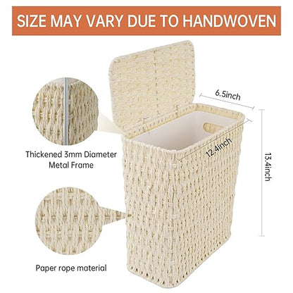Coeusy 3 Gallon Paper Rope Bathroom Trash Can,Small Wicker Trash Cans with Lid and Liner,Woven Rattan Narrow Waste Basket for Bedroom,Office,White