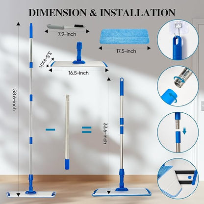 17.5'' Microfiber Mop for Floor Cleaning-Blue Flat Floor Mop with 58'' Stainless Steel Handle- 4 Reusable Washable Replacement Pads-Wet & Dry Use for Hardwood Tile Laminate-Home Kitchen Bathroom