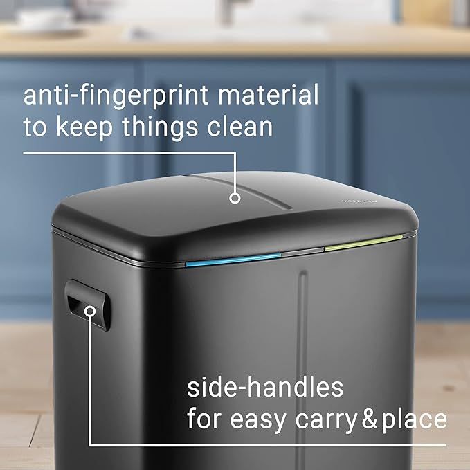 happimess HPM1005B Marco Rectangular 10.6-Gallon Double Bucket Trash Can with Soft-Close Lid, Fingerprint Resistant, Modern, Minimalistic for Home, Kitchen, Office, Bathroom, Black