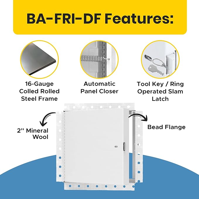 Best 12” x 12” Fire-Rated Insulated Metal Access Panel with Bead Flange, 16-Gauge Cold Rolled Steel, 2” Mineral Wool Insulated Access Door for Fire-Rated Walls/Ceilings, LEED, AMZ-BA-FRI-DF