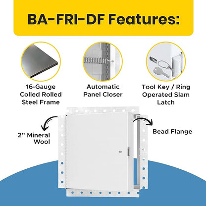 Best 12” x 12” Fire-Rated Insulated Metal Access Panel with Bead Flange, 16-Gauge Cold Rolled Steel, 2” Mineral Wool Insulated Access Door for Fire-Rated Walls/Ceilings, LEED, AMZ-BA-FRI-DF