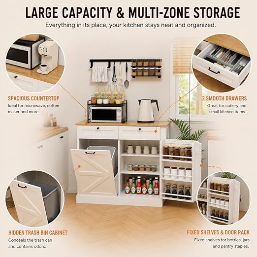 RASOO Trashcan Cabinet for Kitchens 10 Gallons Tilt Out Trash Recycling Cabinet with Hideaway Drawers, 1 Door with Storage Rack for Laundry Room, Pantry, Kitchen, White