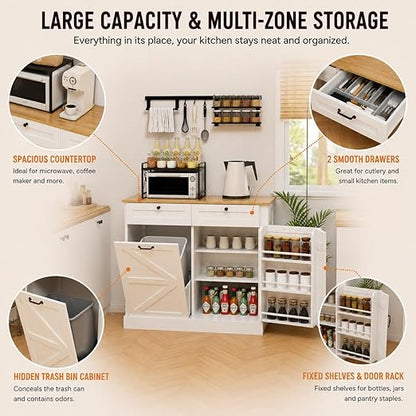 RASOO Trashcan Cabinet for Kitchens 10 Gallons Tilt Out Trash Recycling Cabinet with Hideaway Drawers, 1 Door with Storage Rack for Laundry Room, Pantry, Kitchen, White