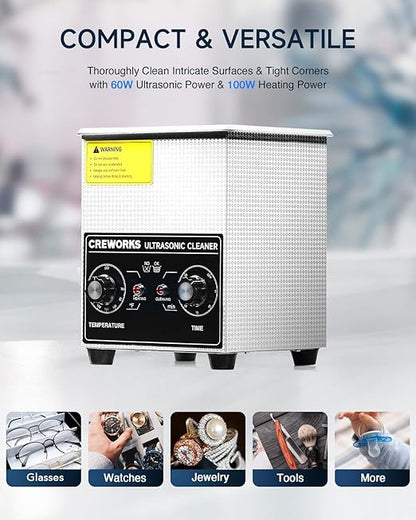 CREWORKS Ultrasonic Cleaner with Heater & Timer, 1/2 Gallon Stainless Steel 60W Ultrasonic Cleaning Machine with Degas & Gentle, 2L Sonic Machine for Professional Jewelry Watch Glasses Cleaning
