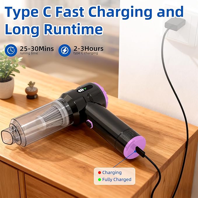 Sycoodeal Handheld Car Vacuum Cleaner, 25000PA Strong Cyclonic Suction Portable Mini Vacuum Cordless with Digital Display Lightweight for Pet Hair, Car, Home, Office, Kitchen (Purple)
