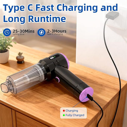 Sycoodeal Handheld Car Vacuum Cleaner, 25000PA Strong Cyclonic Suction Portable Mini Vacuum Cordless with Digital Display Lightweight for Pet Hair, Car, Home, Office, Kitchen (Purple)