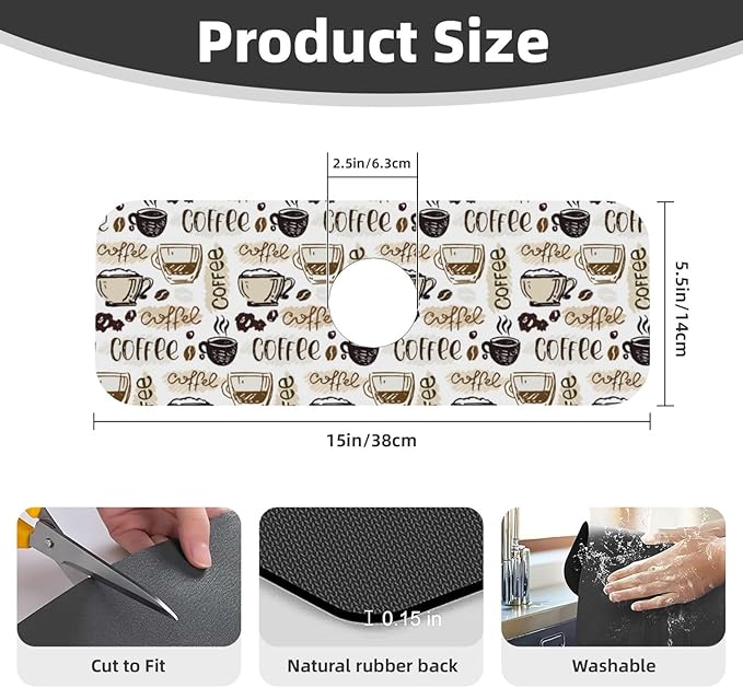 Espresso Machine Beans Coffee Vintage 15" X 5.5" Kitchen Sink Splash Guard Faucet Faucet Guard Draining Mat Sink Splash Guard Faucet Kitchen Bathroom