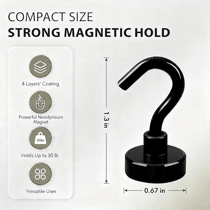 Neosmuk Magnetic Hooks, Heavy Duty 30lb+ Strong Magnet Hook for Cruise Cabins, Cruise Ship Essentials for Hanging, Metal Wall Refrigerator Hangers (Black, 10 Pack)