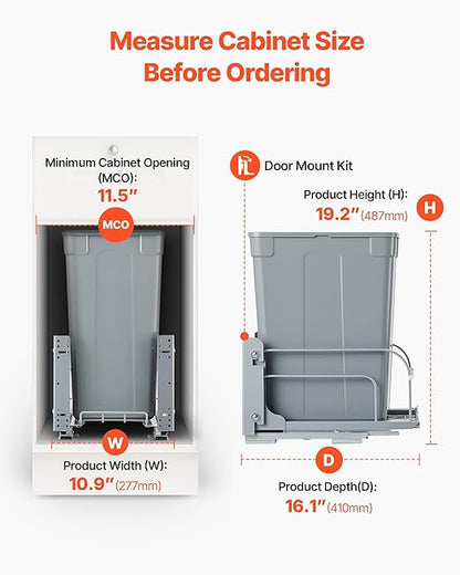 VEVOR Pullout Trash Can for Kitchen Cabinets, 35 QT Garbage Waste Recycling Bin, Under Mount Waste Container, with Heavy Duty Metal Soft Close Sliding System and Door Kit, for Sink, Under Counter