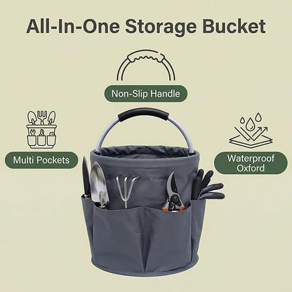 Cleaning Bucket, Cleaning caddy with Handle,17L Foldable Storage Basket 600D Oxford Fabric, 6 Pockets Portable Multi-Use Organiser for Home, Garden, Camping,Grey