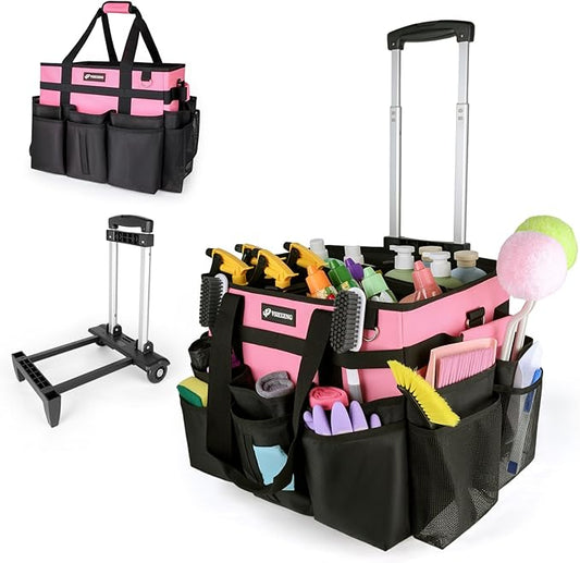 Large Rolling Cleaning Caddy Bag with Wheels, with Detachable Trolley, Cleaning Bags on Wheels for Housekeepers, Cleaning Cart Supplies Organizer for Home, Car, Picnic (Pink)