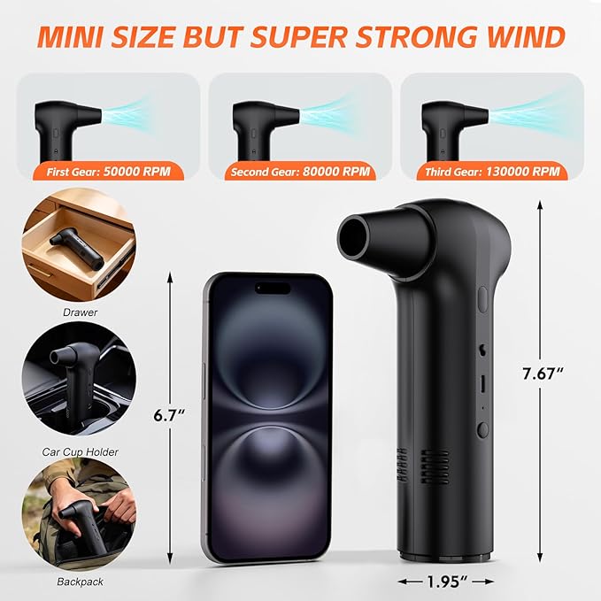 Compressed Air Duster, Rechargeable Electric 2-in-1 Air Blower and Car Vacuum, 130000RPM 3 Speed Super Power Brushless Motor, Fast Charging, Dust Blower for Computer, Keyboard, House, Outdoor and Car