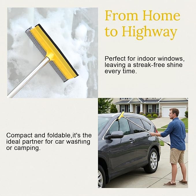 Windshield Car Squeegee and Collapsible Washing Bucket Combo Set, 2 in 1Window Squeegee with Long Handle