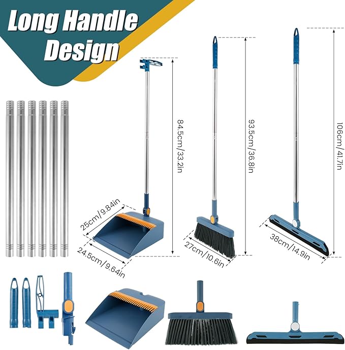 3Pcs Floor Sweeping Set, Broom and Dustpan Set for Home, 180°Rotating 2023 Indoor Broom, Foldable Stand Dustpan and Broom Combo, with Comb Teeth, for Kitchen Office Home Floor (Blue)