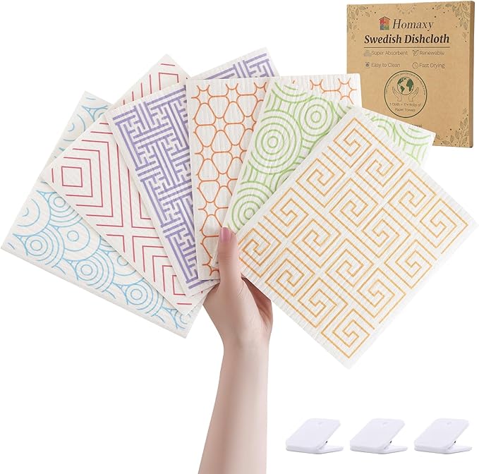 Homaxy Swedish Dishcloths for Kitchen, 6 Pack Geometric Reusable Paper Towels with Clips, Absorbent Cellulose Sponge Dish Cloths for Washing Dishes, Non-Scratch & Odor-Free Dish Rags