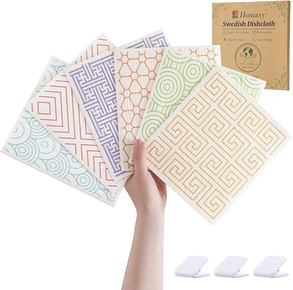 Homaxy Swedish Dishcloths for Kitchen, 6 Pack Geometric Reusable Paper Towels with Clips, Absorbent Cellulose Sponge Dish Cloths for Washing Dishes, Non-Scratch & Odor-Free Dish Rags