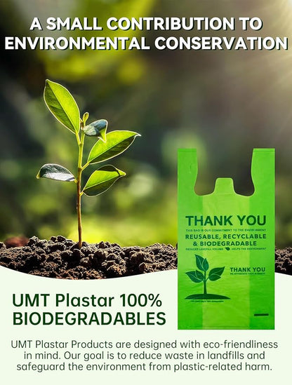 UMT Plastar 200 Count Biodegradable T-Shirt Bags, Compostable Thank You Grocery Bags, Eco Friendly Plastic Shopping Bags, 11.5 x 6.25 x 21 Inch, 16 Mic Heavy Duty Retail Carry Out Bags