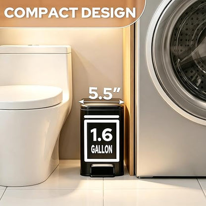 Small Bathroom Trash Can w/Lid Soft Close, 6 Liter/1.6 Gallon Stainless Steel Garbage Can w/Inner Bucket, Trash Bin Waste Basket for Kitchen, Bedroom, Living Room, Office, Toilet, Black