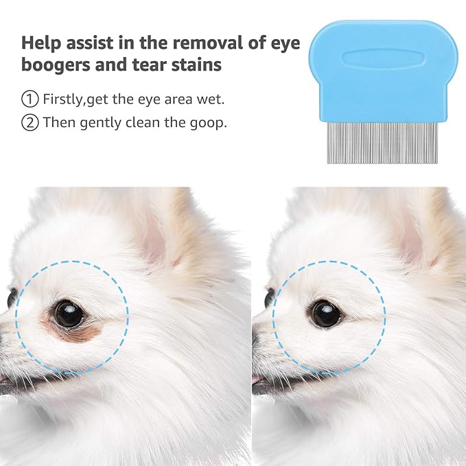 Flea Comb For Dogs & Cats Pet Comb Grooming Set 5 Pieces Metal Teeth Durable Remove Tear Stain Float Hair Combing tangled hair Dandruff Add Storage Pouch (Blue)