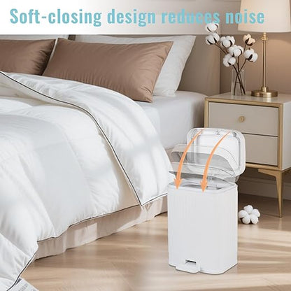rejomiik Small Bathroom Trash Can with Lid 2.1 Gallon Soft Close Step Slim Garbage Can Waste Bin for Office, Bedroom, Kitchen, White