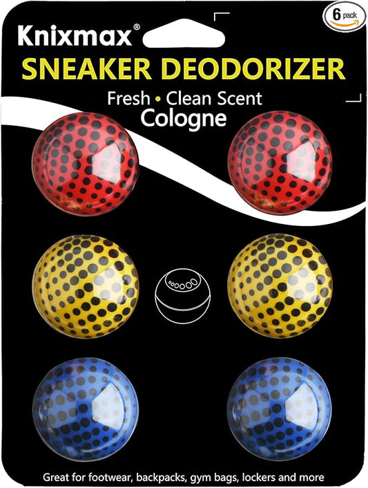 Knixmax Sneaker Deodorizer Shoe Freshener Balls, Odor Eaters for Shoes Boots Mules, Smell Eliminator Ball for Gym Gear Bags and Lockers, Cologne Scent, Pack of 6, Colorful