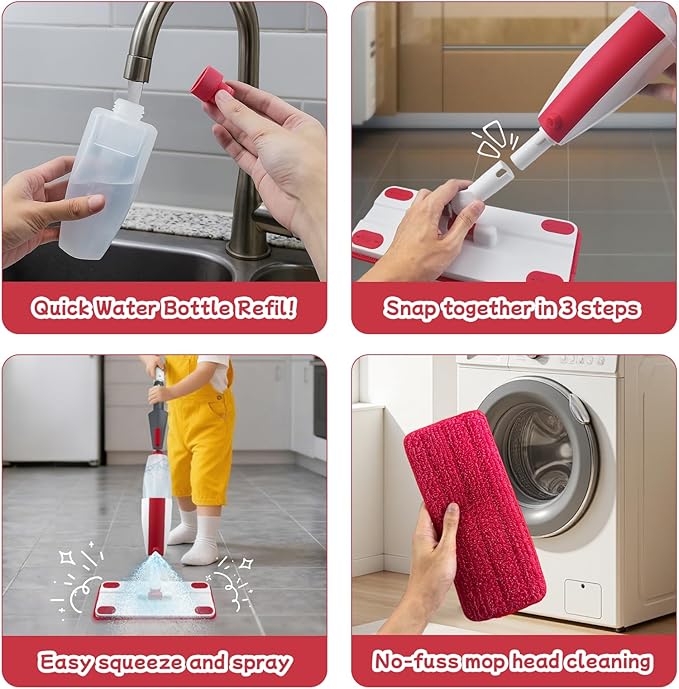 Kids Spray Mop - Fun & Educational Montessori Housekeeping Toys Mini Size Cleaning Set Includes Kids Mop with Real Water Sprayer Washable Microfiber Pads & Scraper
