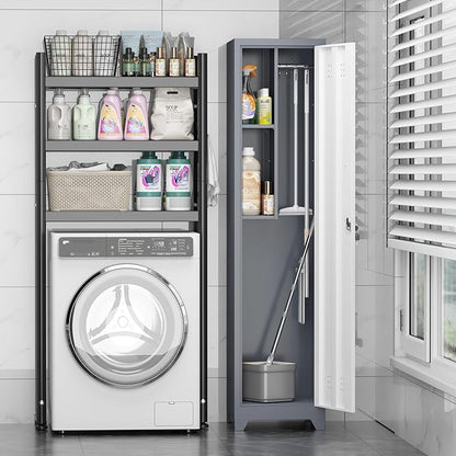 Broom Closet Utility Storage Cabinet with Locking Door and 2 Shelves, 65" H Slim Tool Cabinet for Broom and Mops (Gray White, 65“H-1 Door)