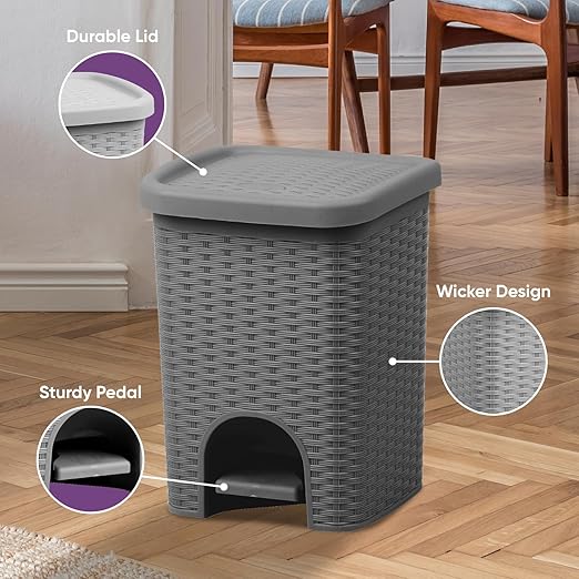 Superio Mini 6L Step Pedal Trash Can - Wicker Design, Hidden Mechanism, Durable Plastic, Ideal for Desktop, Countertop, Pet Waste/Dog Poop - Grey
