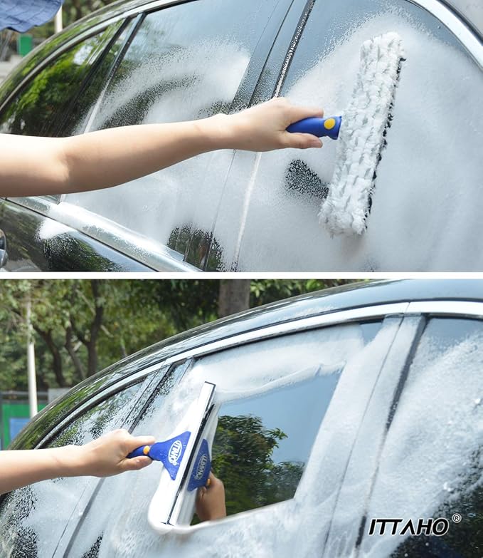Window Squeegee Cleaner Tool,Window Cleaning Kit with Extension Pole,12" Squeegee and 11" Microfiber Scrubber Combi,Window Washing Equipment for Car, Indoor,Outdoor, High Windows-2 Pads