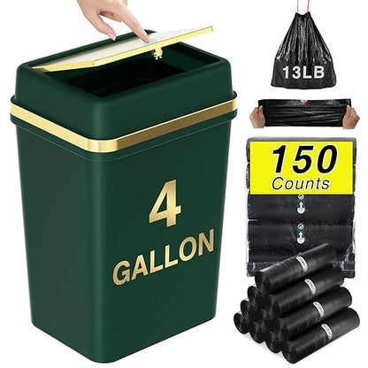 Bathroom Trash Can with Lid 4 Gallon Dark Green Trash Can with Press Top Lid Bedroom Trash Can Small Garbage Can with 150 Counts Trash Bags for Small Bathroom Bedroom Office