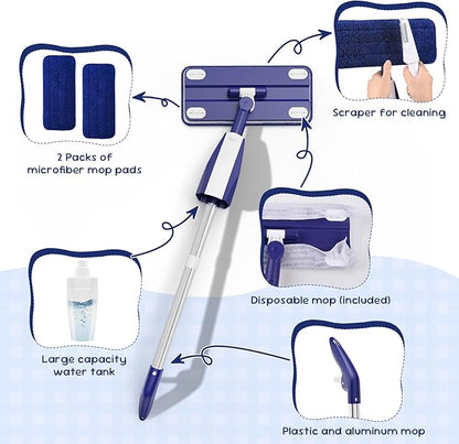 Kids Spray Mop - Chores Chart Set Montessori Cleaning Toy Set with Real Water Sprayer 2PCS Washable Pads and 10PCS Disposable Mop Pads for Ages 3-8 (Blue)