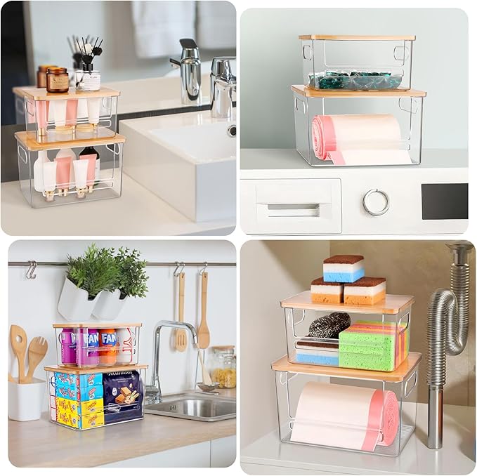 Trash Bag Holder Dispenser 2 Pack, Garbage Bag Dispenser with Bamboo Lid & Handles, Stackable Clear Trash Bag Organizer Under Sink for Kitchen, Pantry, Laundry Room, Cabinet (XL+S)