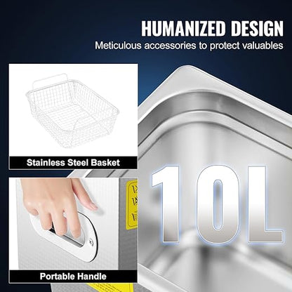 VEVOR 10L Professional Sonic Cleaning, Stainless Steel Industrial Machine with Digital Timer & Heater, Ideal for Jewelry, Dentures, Instruments, and Industrial Parts, 110V, FCC/CE/RoHS Certified