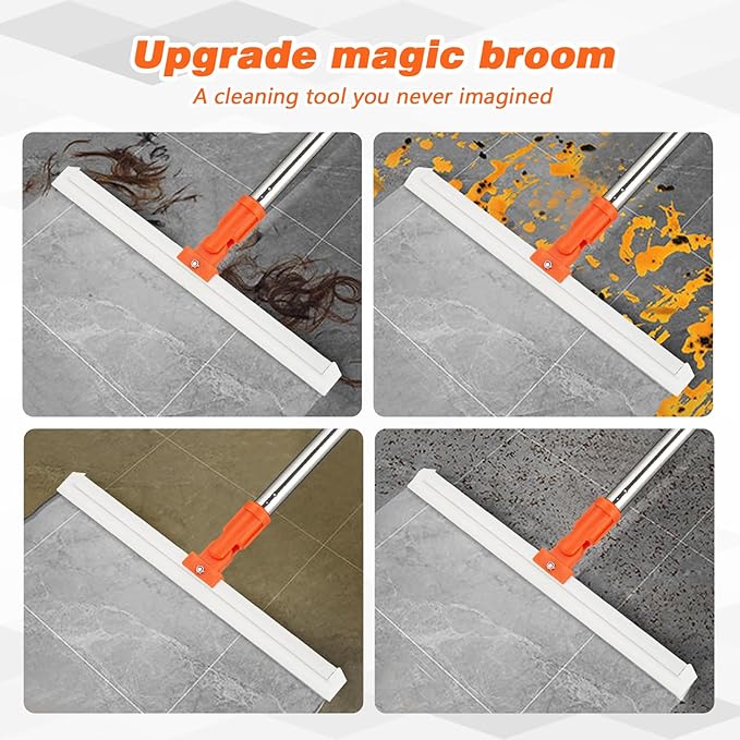 14" Rubber Floor Squeegee with 48" Long Handle,Scraper for Concrete Floor, Tile Floor, Metal Aluminium Heavy Duty Garage Shower Floor Squeegee Broom for Removing Water, Commercial Scrubber Mop