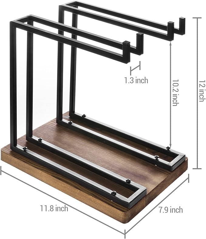 MyGift Industrial Metal Wine Glass Rack Holder Stand with 2 Hanger Bars and Rustic Wooden Base, Countertop Hanging Stemware Holder