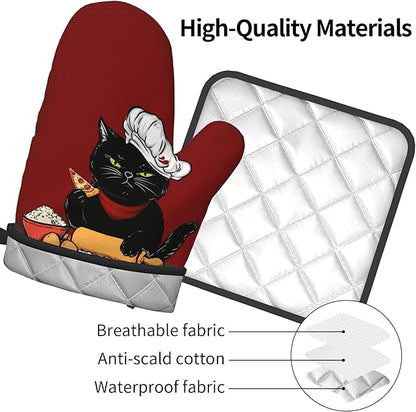 Cat Pot Holders and Oven Mitts - Red Cooking Gloves Hot Pads for Kitchen Fun Chef Gifts for Cooking Lover Cooks