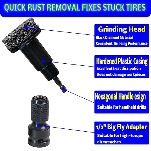 Wheel Hub Cleaning Tool, Wheel Stud Cleaner Includes 6 Grinding, Quick Rust Removal Brake Hub Cleaning Tool, Hub Resurfacing Tool Fits Power Drill or 1/2" Impact Driven Wrenches