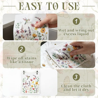 Tegeme 8 Pcs Wildflowers Swedish Dishcloth Kitchen Spring Hummingbird Butterfly Flower Dish Towel Absorbent Cotton Reusable Kitchen Towels for Summer Home Party Housewarming Counter Wipes, 6.8 x 7.7''