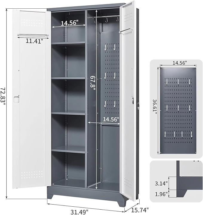 72"H Tall Metal Garage Storage Cabinet, Freestanding Broom Closet Storage Cabinet with Locking Door for Cleaning Tool, Large Tool Organizer Cabinet with Hanging Rod for Home Office, Grey White