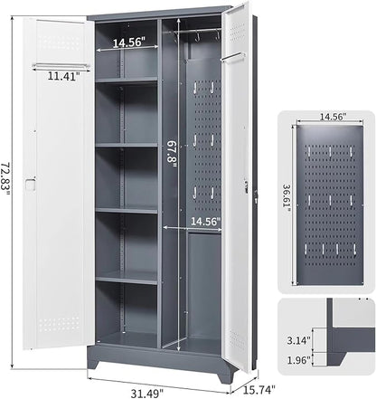 72"H Tall Metal Garage Storage Cabinet, Freestanding Broom Closet Storage Cabinet with Locking Door for Cleaning Tool, Large Tool Organizer Cabinet with Hanging Rod for Home Office, Grey White