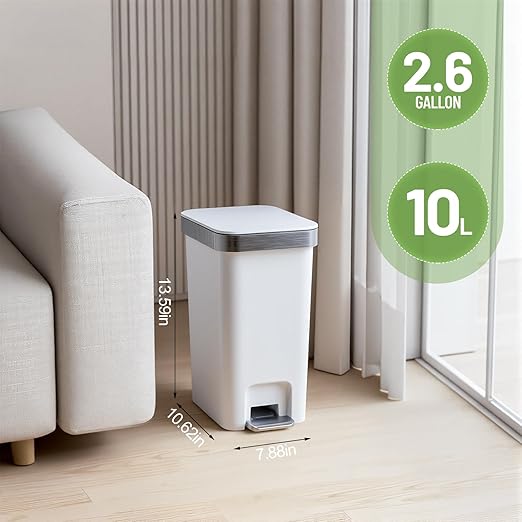 Slim Bathroom Trash Can With Lid, 2.6 Gallon /10 Liter Small Wastebasket, Press Top Bin & Step Metal Pedal Trash Bin, Mini Plastic Garbage Cans for Bedroom, Office, Kitchen, Dorm (grayish-white)