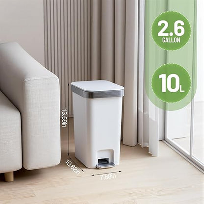 2 Pack Bathroom Garbage Can with Lid, 2.6 Gallon /10 Liter Small Trash can, Press Top Bin & Step Metal Pedal Trash Bin, Mini Waste Basket for Bedroom, Home Office, Toilet, Dorm (Grayish-White)