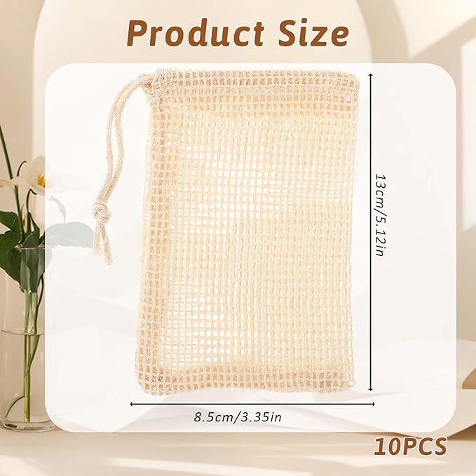 COMNICO 10 PCS Soap Bags Natural Sisal Soap Saver for Foaming and Drying Bubble Mesh Soap Scrubber Pouch Handmade Cotton Bag with Drawstring Body Facial Cleaning Bath Shower Tool