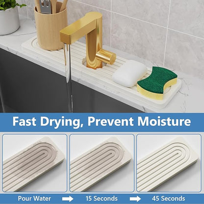 24'' Longer Stone Faucet Mat for Kitchen Sink [Super Absorbent, 30s Quick Drying] Water Absorbing Stone Tray for Sink Stone Mat for Kitchen Sink Stone Quick Dry Around Faucet Diatomite Stone Sink Tray